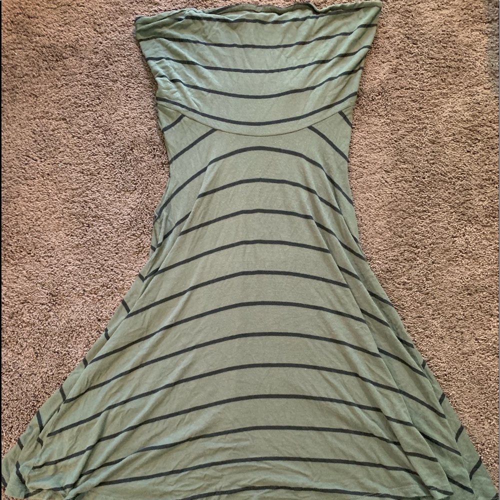Green with black striped turtleneck tunic.